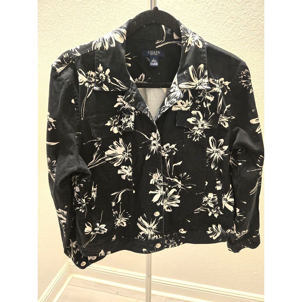 Chaps Floral Denim Jacket Black White Button Front Trucker Coat Women Size L